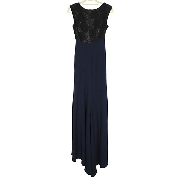 Vera Wang Navy Lace Trimmed V Neck Sleeveless Floor Length Formal Gown Size 4 - Picture 4 of 16
